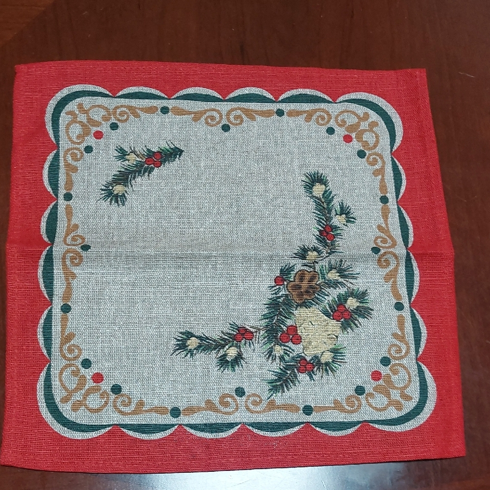VINTAGE, Red and Green Christmas Holiday Small Table Cloth. Linen and Cotton